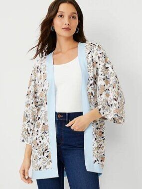 Ann Taylor Floral Kimono Women’s Small Blue White Open Front 3/4 Sleeve